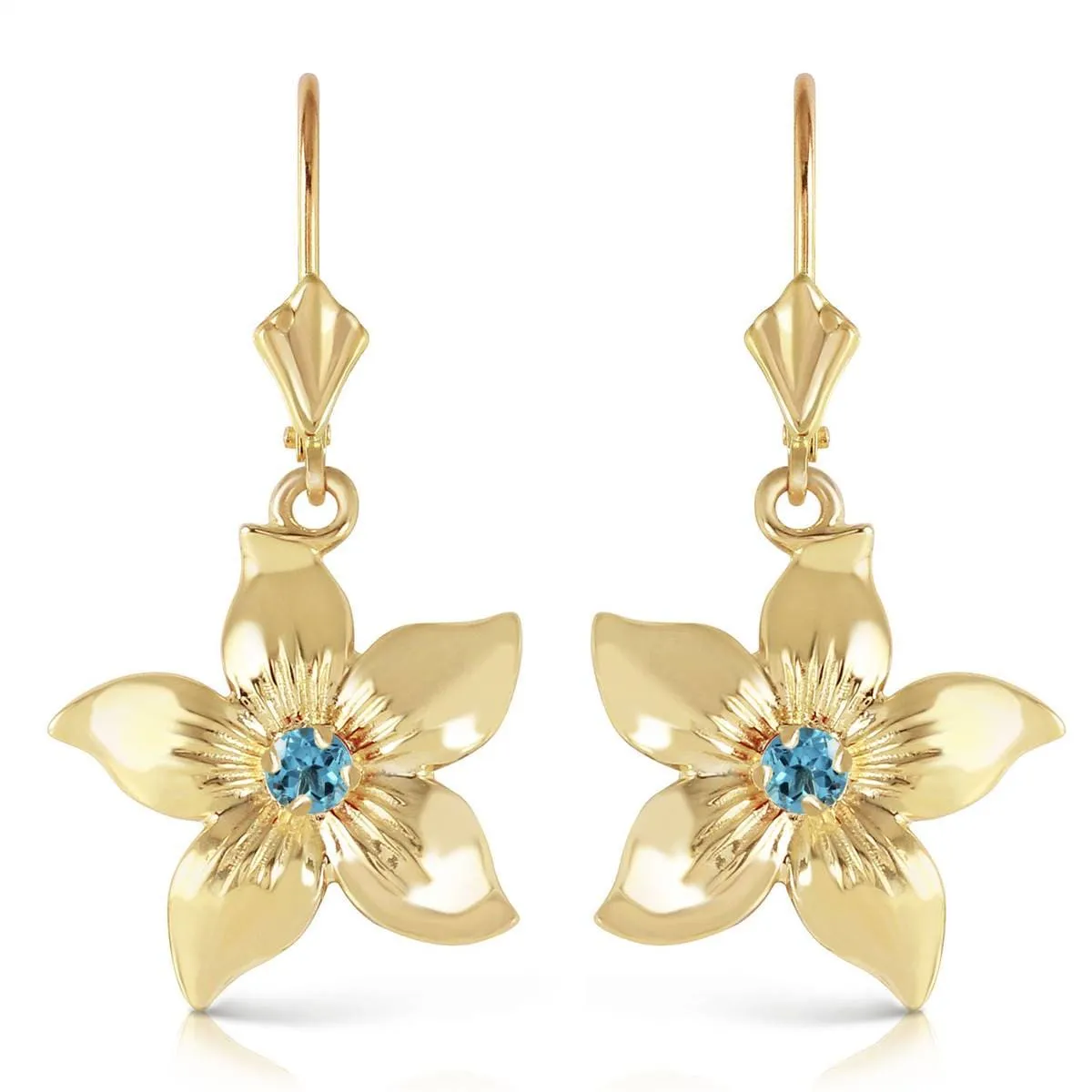 0.2 Carat 14K Solid Yellow Gold Leverback Flowers Earrings Blue Topaz