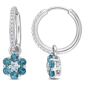 1 1/10 CT TGW London and Sky Blue Topaz and 1/8 CT TDW Diamond Floral Huggie Earrings in 10k White Gold