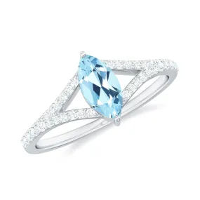 1 Carat Aquamarine Split Shank Engagement Ring with Diamond