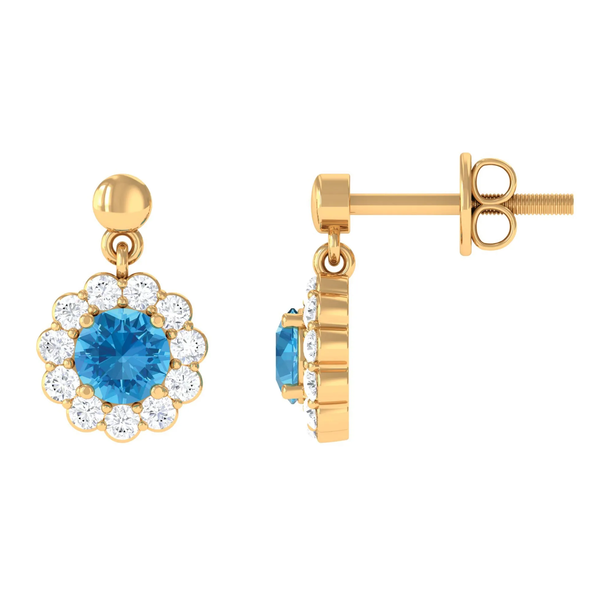 1 CT Real Swiss Blue Topaz and Diamond Flower Halo Drop Earrings