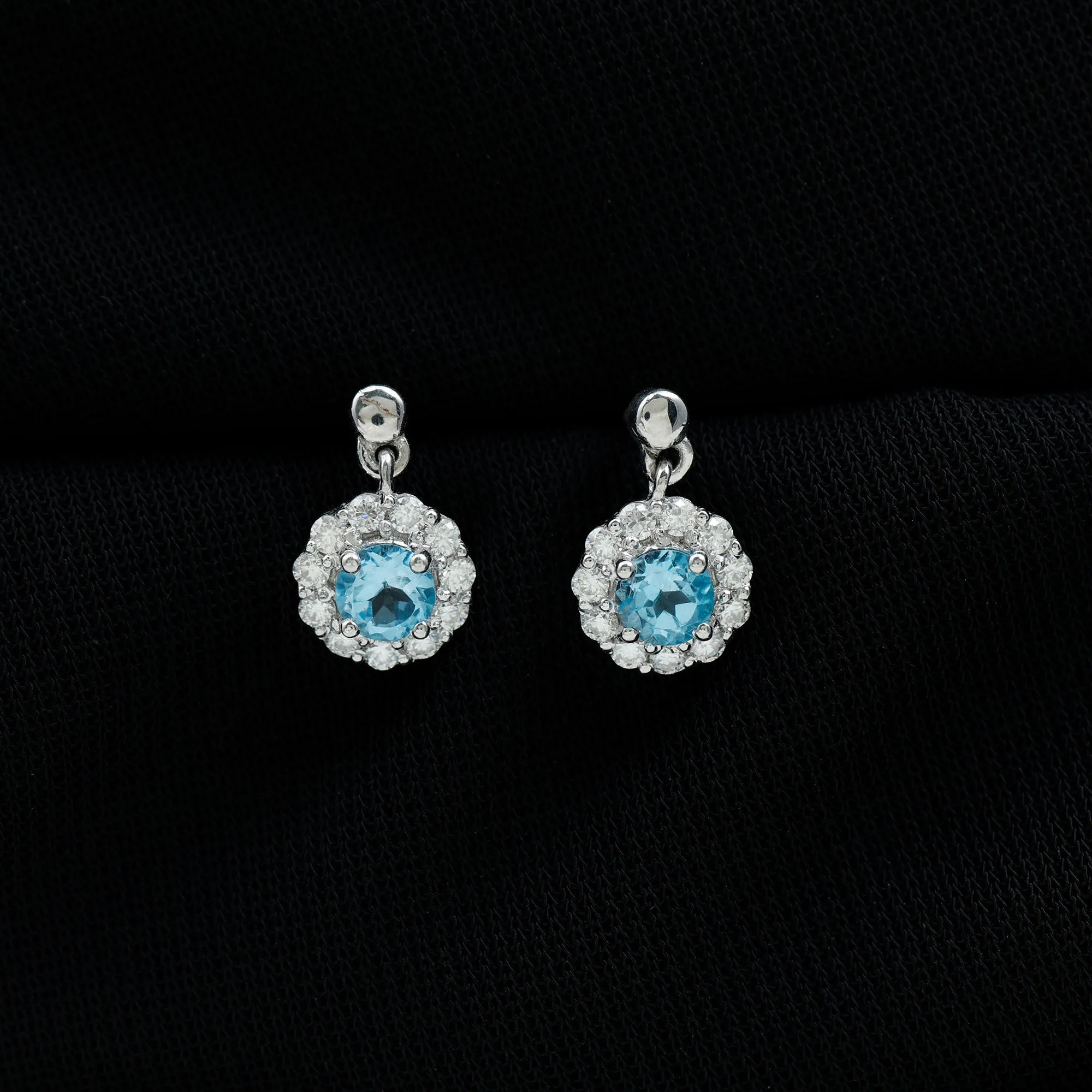 1 CT Real Swiss Blue Topaz and Diamond Flower Halo Drop Earrings