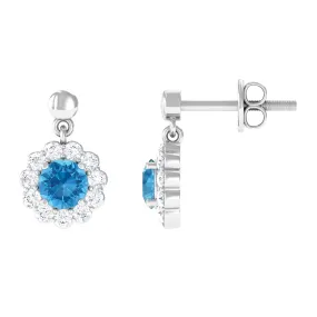 1 CT Real Swiss Blue Topaz and Diamond Flower Halo Drop Earrings