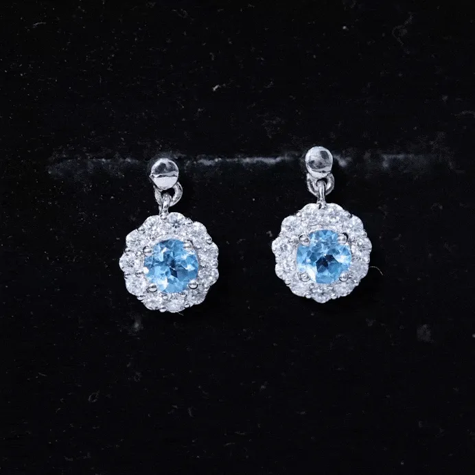 1 CT Real Swiss Blue Topaz and Diamond Flower Halo Drop Earrings