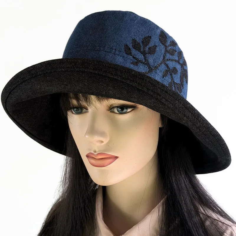 100 Fashion Sunblocker with wide brim and adjustable fit, two tone denim