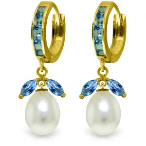 10.3 Carat 14K Solid Yellow Gold Majorca Blue Topaz Pearl Earrings