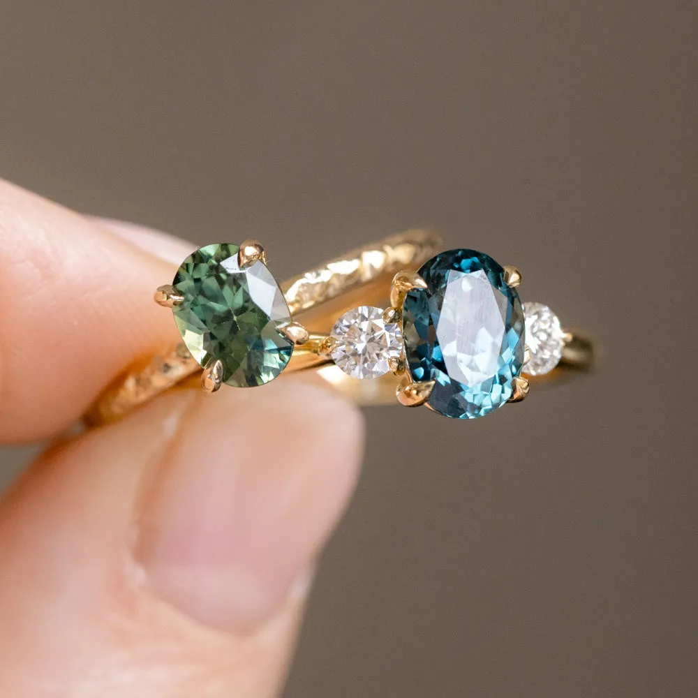 1.14ct Oval Blue Green Teal Madagascar Sapphire Evergreen Carved 4 Prong Solitaire in 14k Yellow Gold