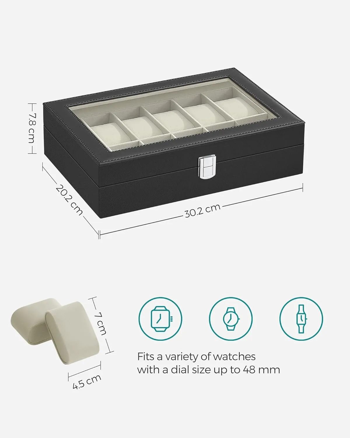 12-Slot Watch Box with Glass Lid, PU Leather, Velvet Lining, SONGMICS