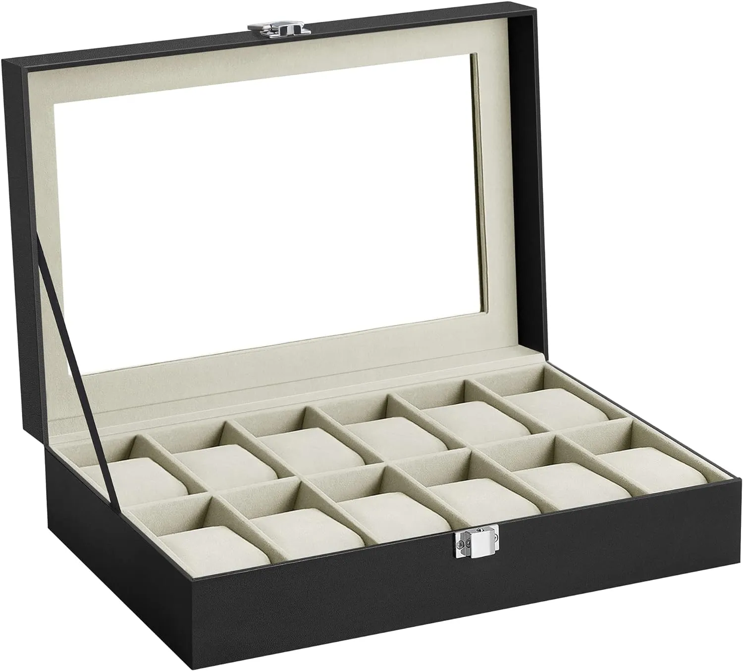 12-Slot Watch Box with Glass Lid, PU Leather, Velvet Lining, SONGMICS