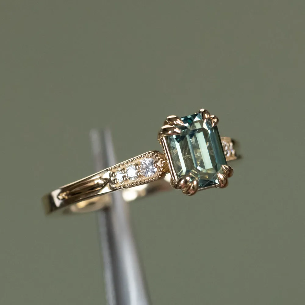 1.33ct Emerald Cut Light Aqua Blue Green Sapphire and Diamond Vintage Cathedral Double Prong Ring in 14k Yellow Gold