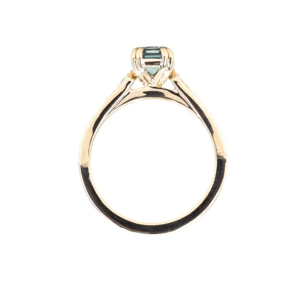 1.33ct Emerald Cut Light Aqua Blue Green Sapphire and Diamond Vintage Cathedral Double Prong Ring in 14k Yellow Gold