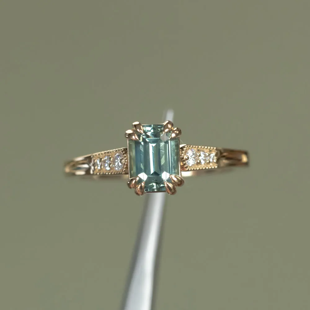 1.33ct Emerald Cut Light Aqua Blue Green Sapphire and Diamond Vintage Cathedral Double Prong Ring in 14k Yellow Gold