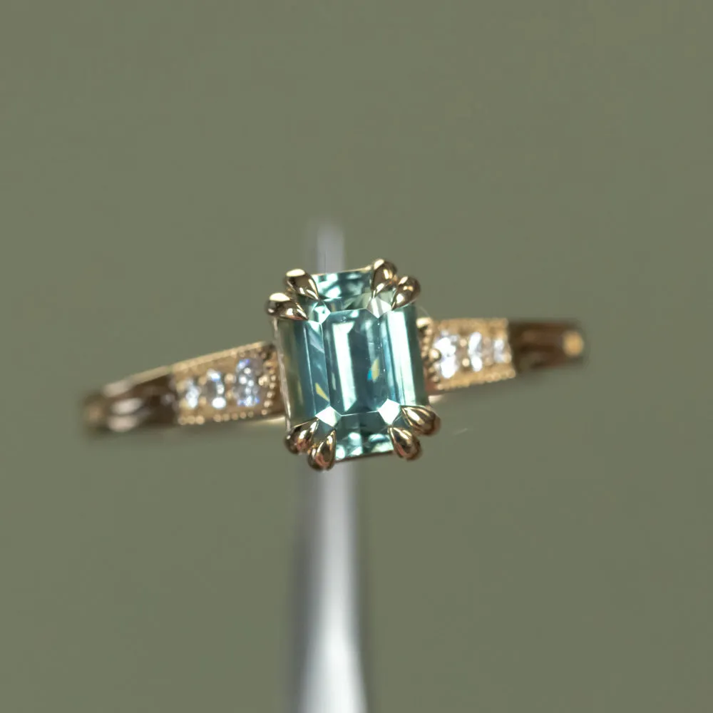 1.33ct Emerald Cut Light Aqua Blue Green Sapphire and Diamond Vintage Cathedral Double Prong Ring in 14k Yellow Gold