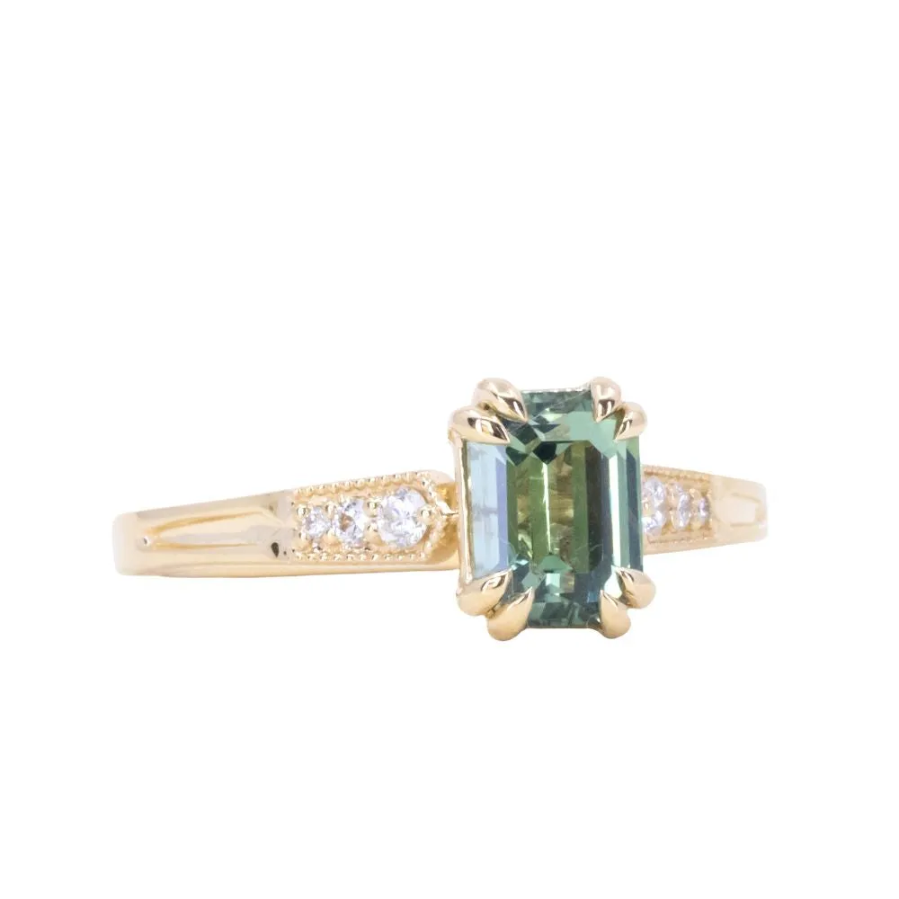 1.33ct Emerald Cut Light Aqua Blue Green Sapphire and Diamond Vintage Cathedral Double Prong Ring in 14k Yellow Gold