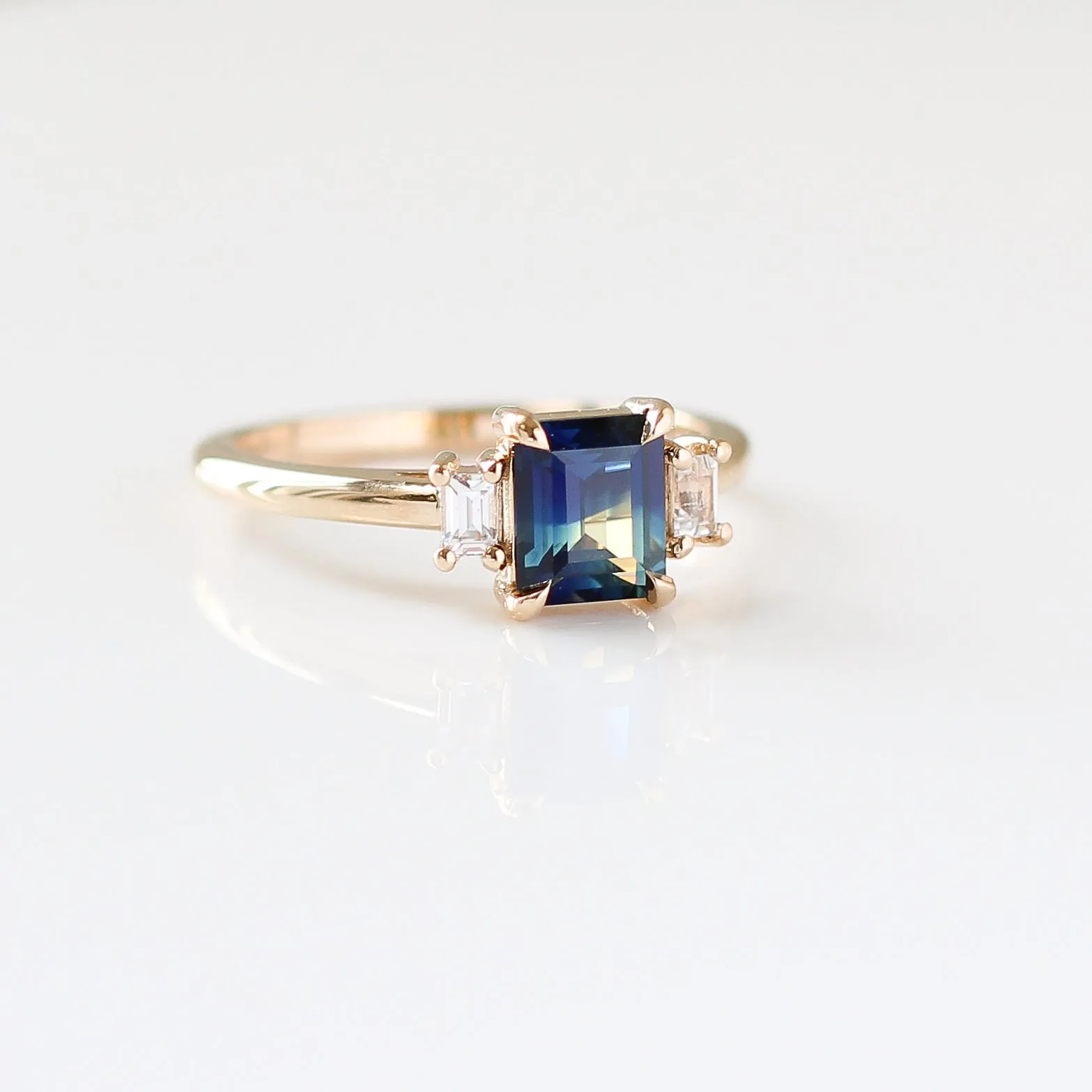 1.37ct Trilogy Emerald Cut Blue Sapphire Ring