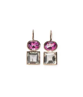 14k Gold Duo Earrings in Pink Topaz and Green Amethyst