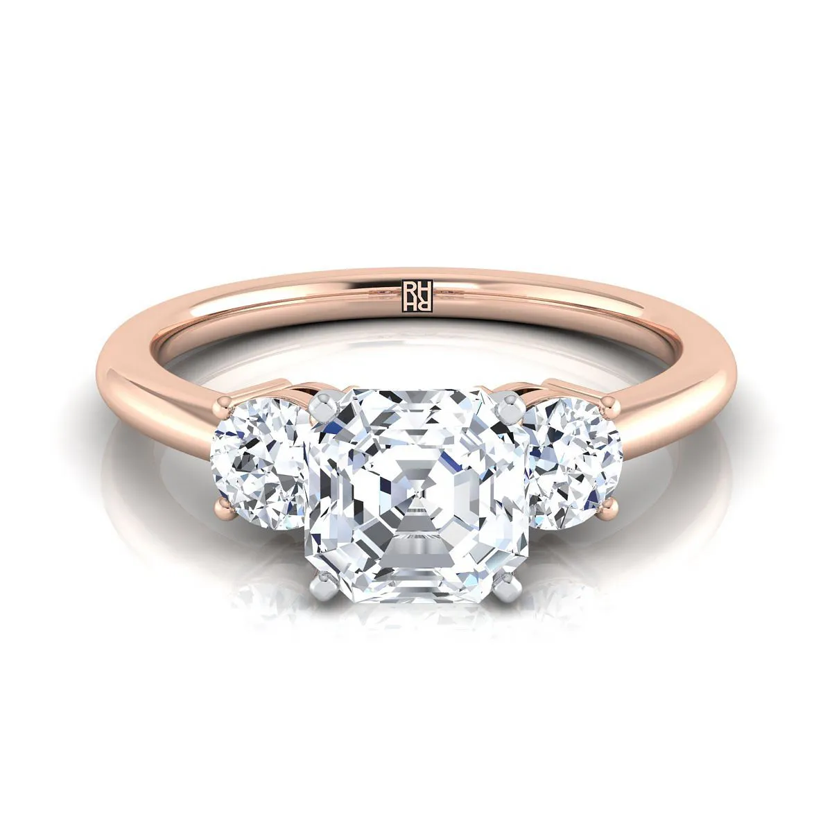 14K Rose Gold Asscher Cut Diamond Perfectly Matched Round Three Stone Diamond Engagement Ring -1/4ctw