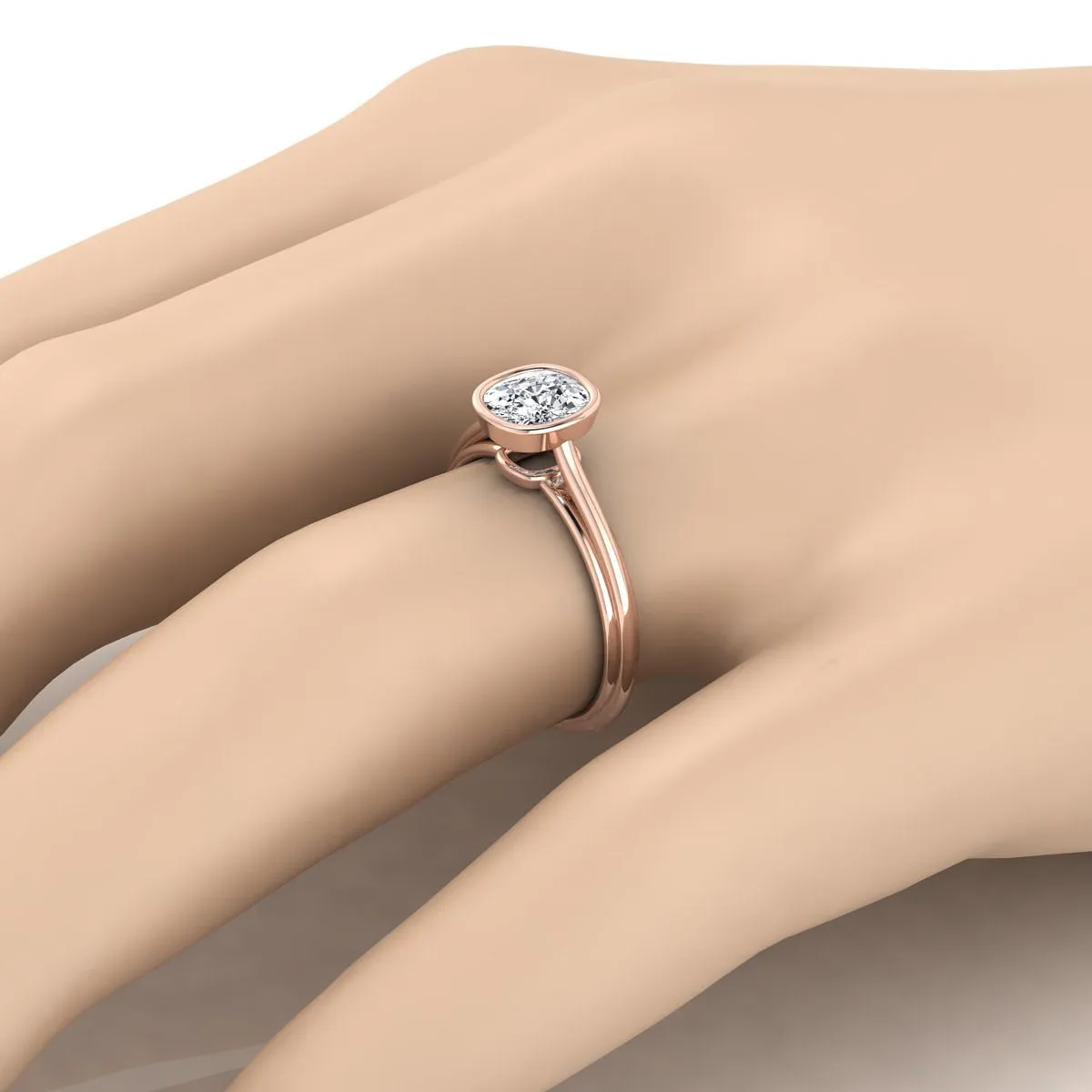 14K Rose Gold Cushion  Bezel Halo Cathedral Solitaire Engagement Ring