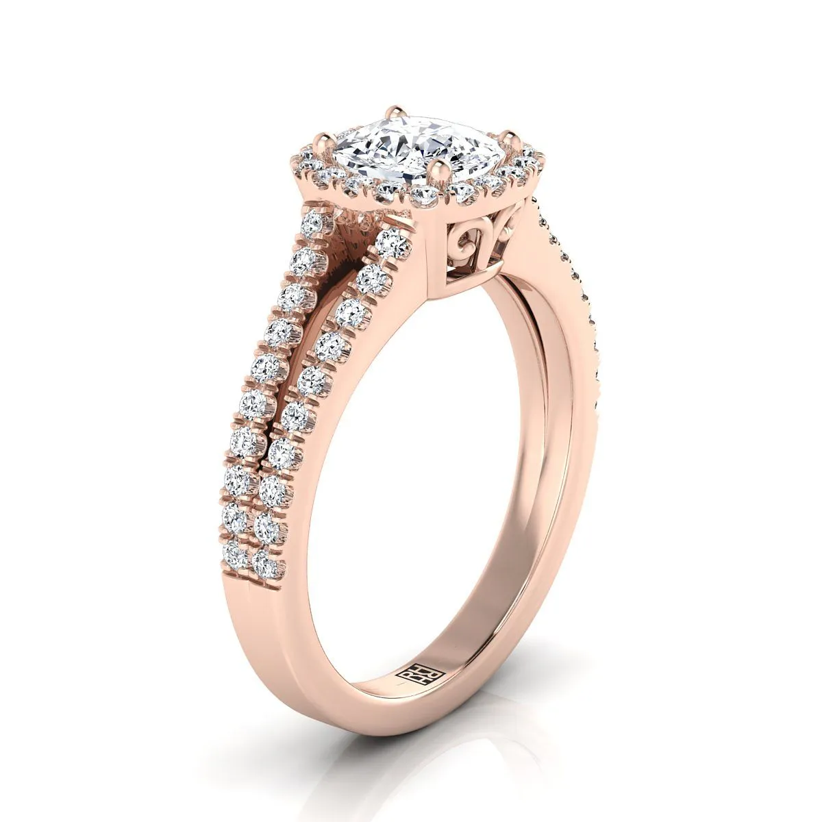 14K Rose Gold Cushion Diamond Halo Center with French Pave Split Shank Engagement Ring -3/8ctw