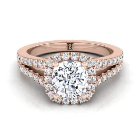 14K Rose Gold Cushion Diamond Halo Center with French Pave Split Shank Engagement Ring -3/8ctw