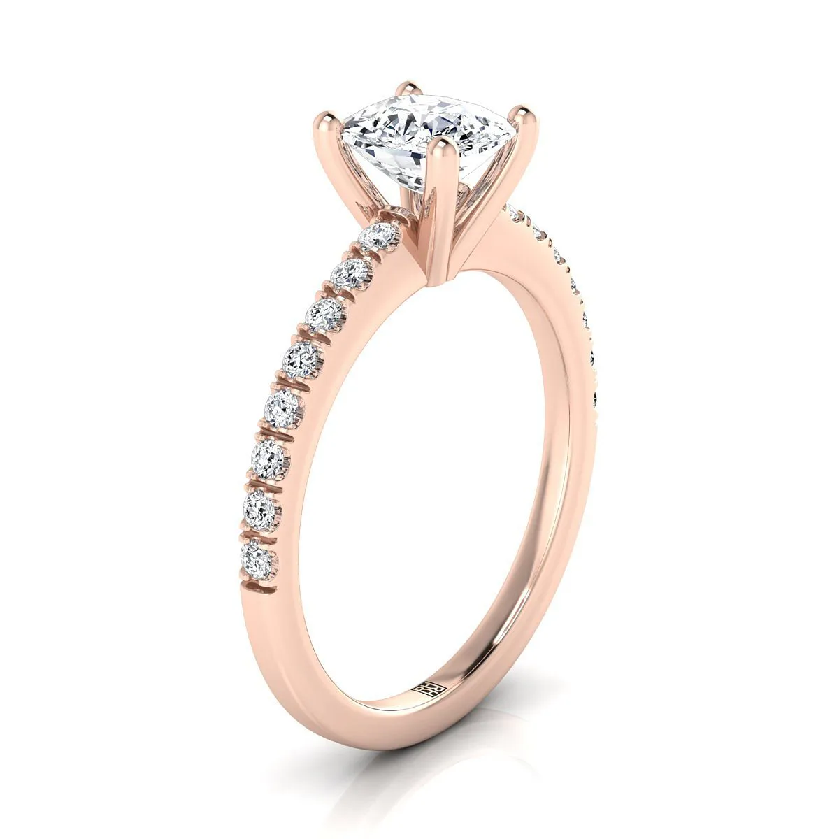 14K Rose Gold Cushion Simple Linear Diamond Pave Engagement Ring -1/5ctw