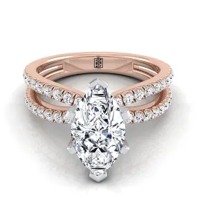 14K Rose Gold Marquise  Diamond Two Row Pavé Split Shank Engagement Ring -1/3ctw