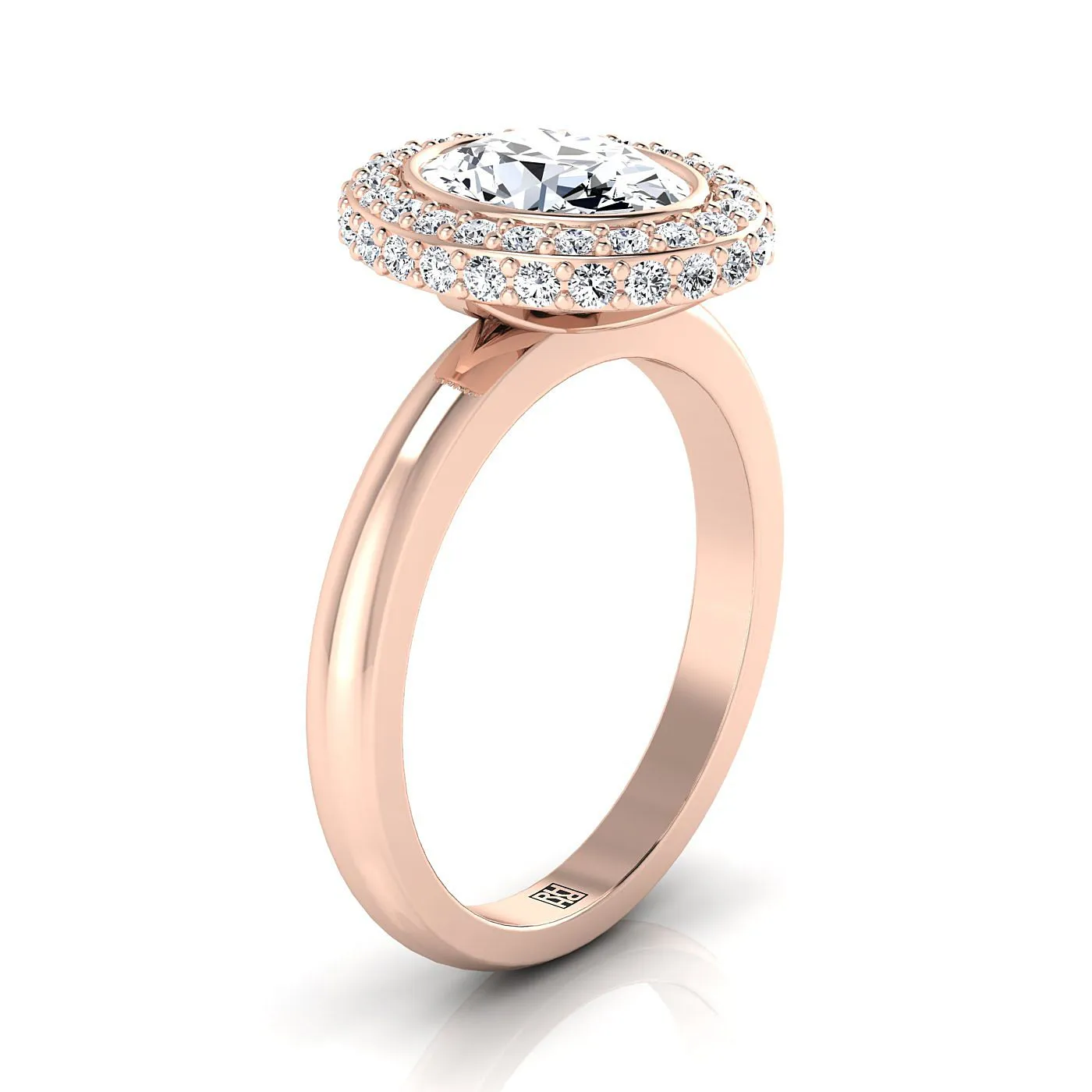 14K Rose Gold Oval Bezel Pave 3D Halo Solitaire Engagement Ring