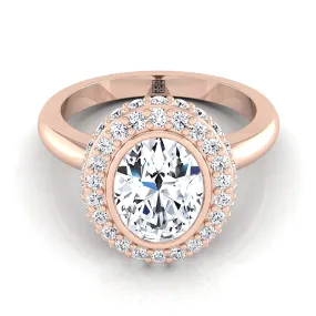 14K Rose Gold Oval Bezel Pave 3D Halo Solitaire Engagement Ring