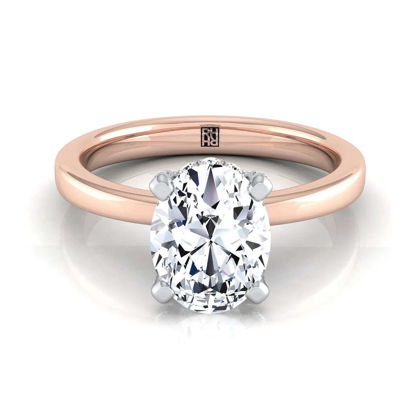 14K Rose Gold Oval Diamond Hidden Pave Basket Crown Solitaire Engagement Ring -1/10ctw