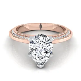 14K Rose Gold Pear Shape Center Diamond Knife Edge Micropave Engagement Ring -1/5ctw