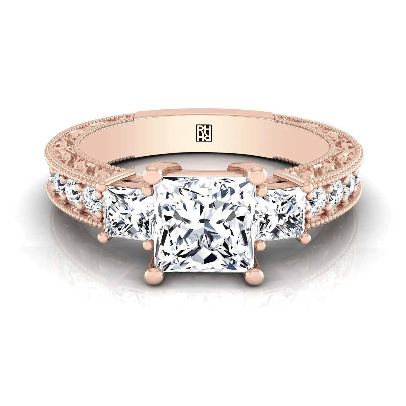 14K Rose Gold Princess Cut Diamond Hand Engraved Three Stone Vintage Channel Engagement Ring -3/4ctw