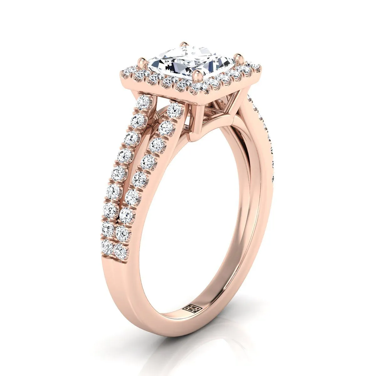 14K Rose Gold Princess Cut Split Shank and Diamond Pave Halo Engagement Ring -1/2ctw