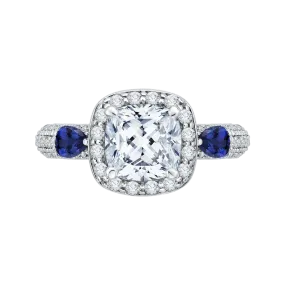 14K White Gold Cushion Cut Diamond Halo Engagement Ring with Sapphire (Semi Mount)