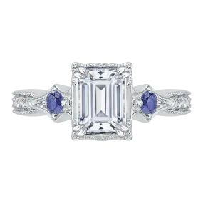 14K White Gold Emerald Cut Diamond Engagement Ring with Sapphire (Semi Mount)