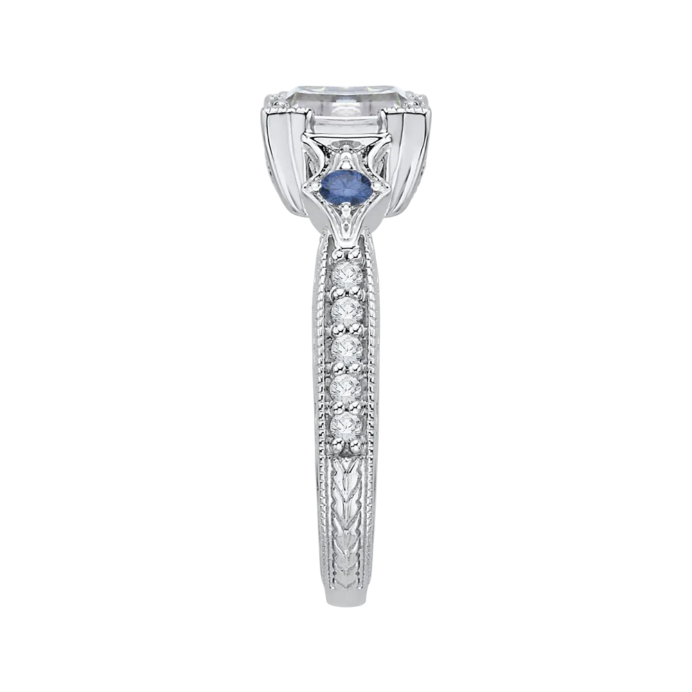 14K White Gold Emerald Cut Diamond Engagement Ring with Sapphire (Semi Mount)