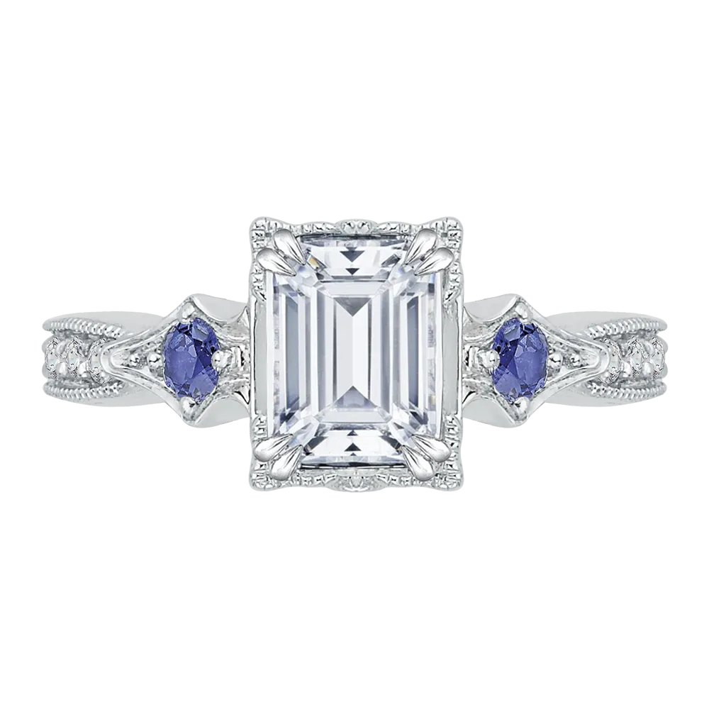 14K White Gold Emerald Cut Diamond Engagement Ring with Sapphire (Semi Mount)