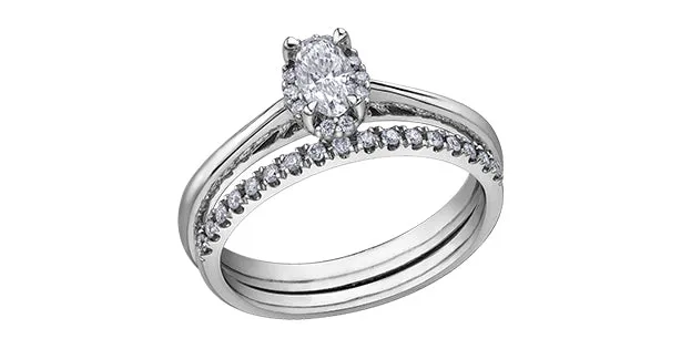 14K White Gold Oval Diamond with (10) Diamond Halo Engagement Ring