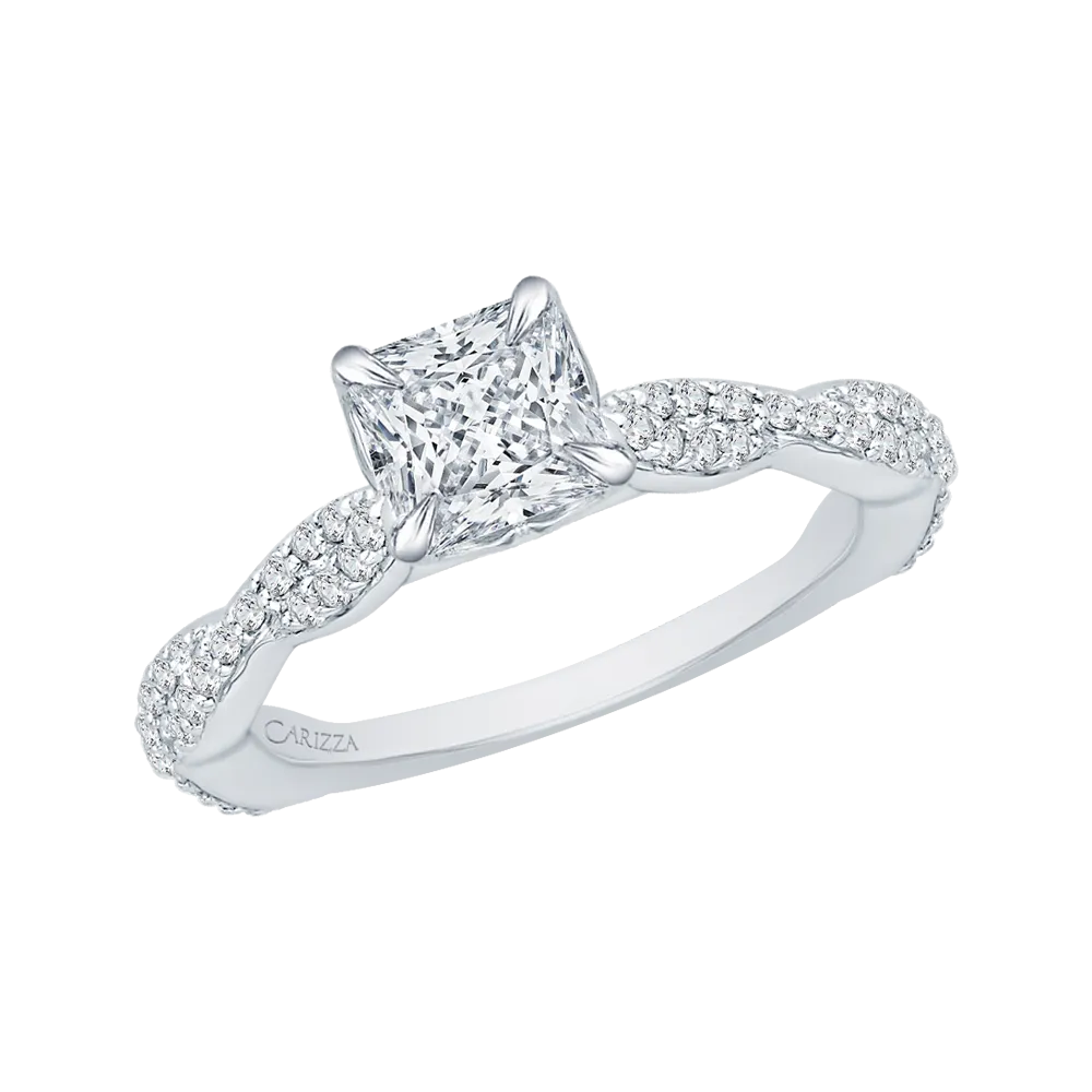 14K White Gold Princess Diamond Engagement Ring with Criss Cross Shank (Semi Mount)