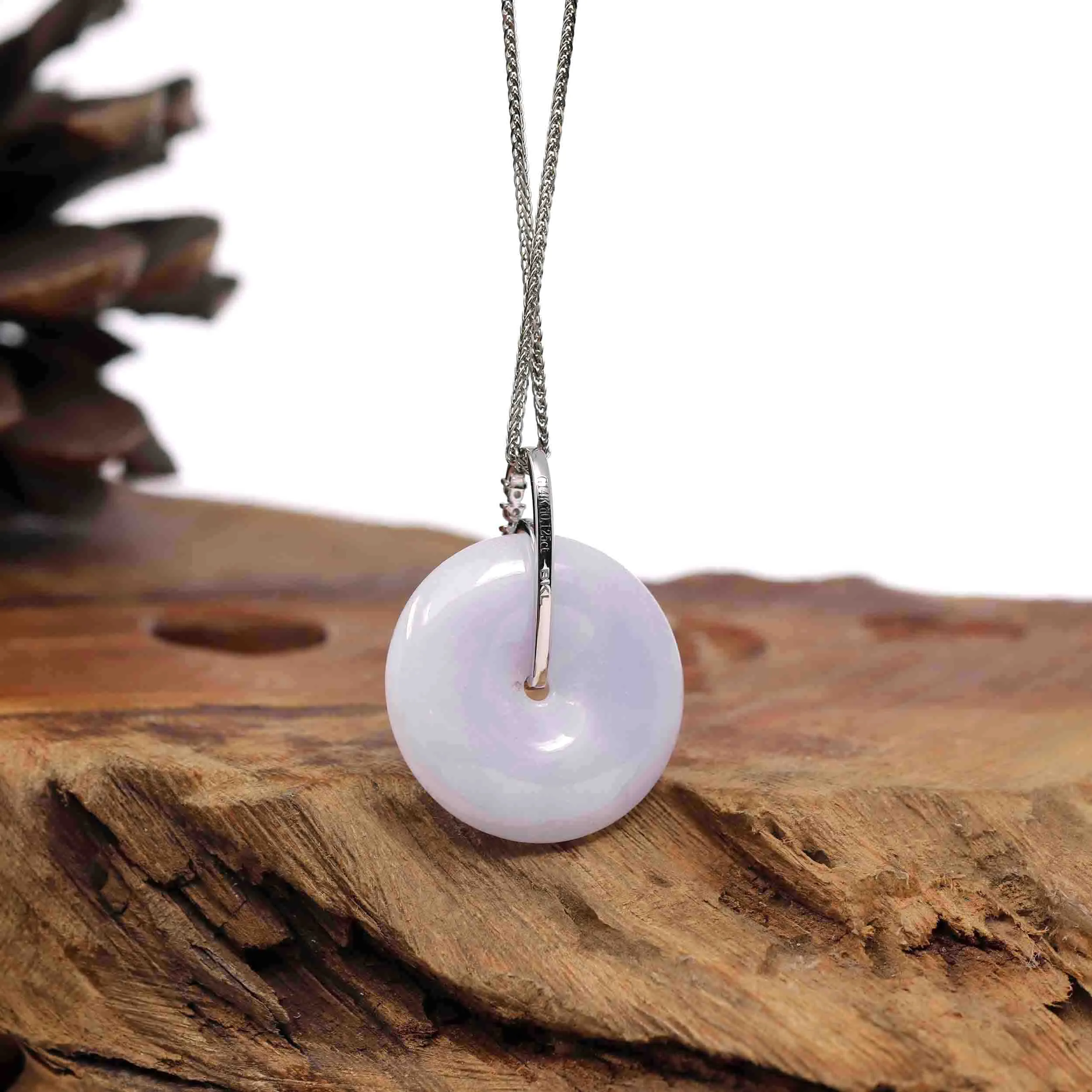 14K White Gold "Good Luck Button" Necklace Lavender Jadeite Jade Pendant Necklace