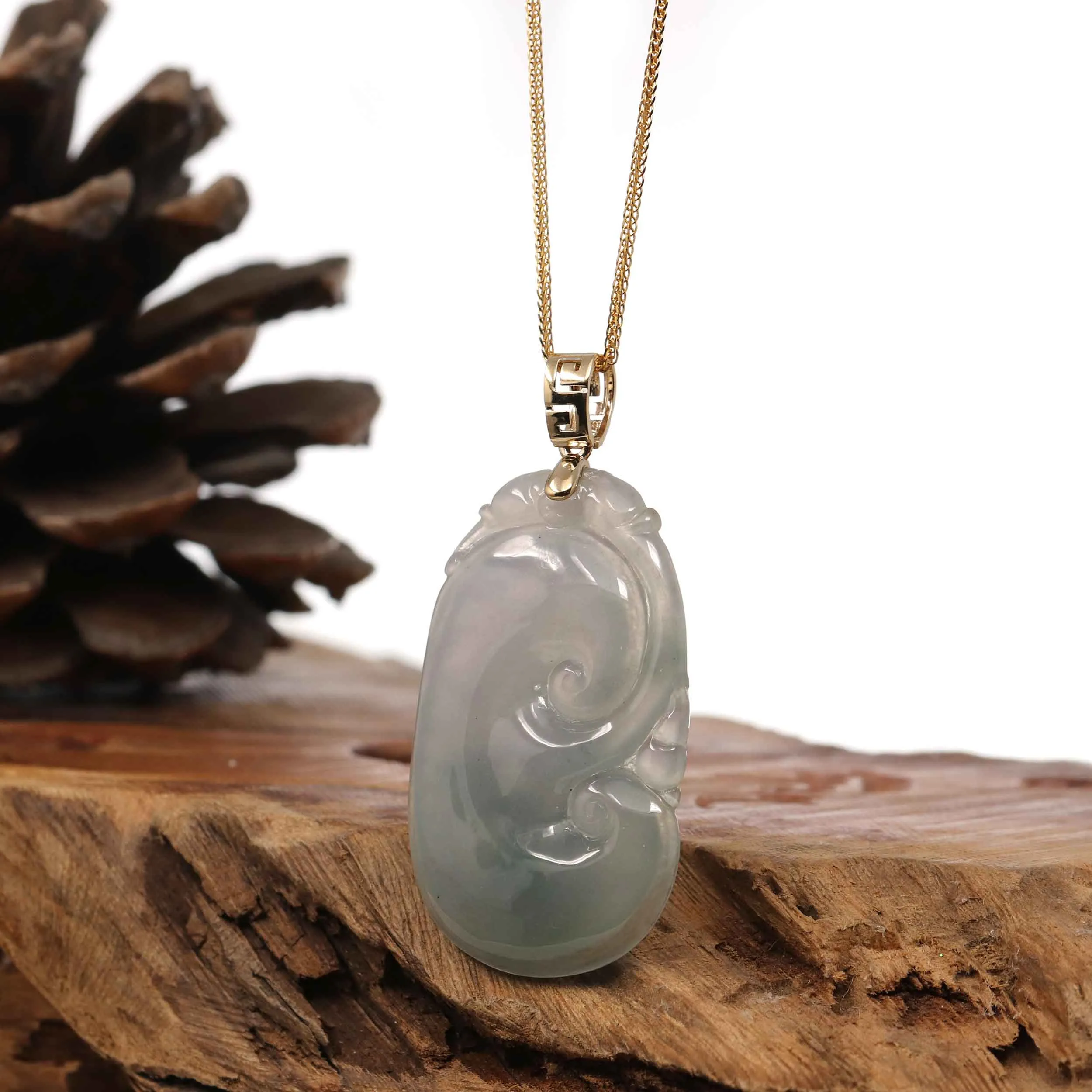 14k Yellow Gold Genuine Burmese Jadeite Jade Ruyi ( As your wish ) Pendant Necklace