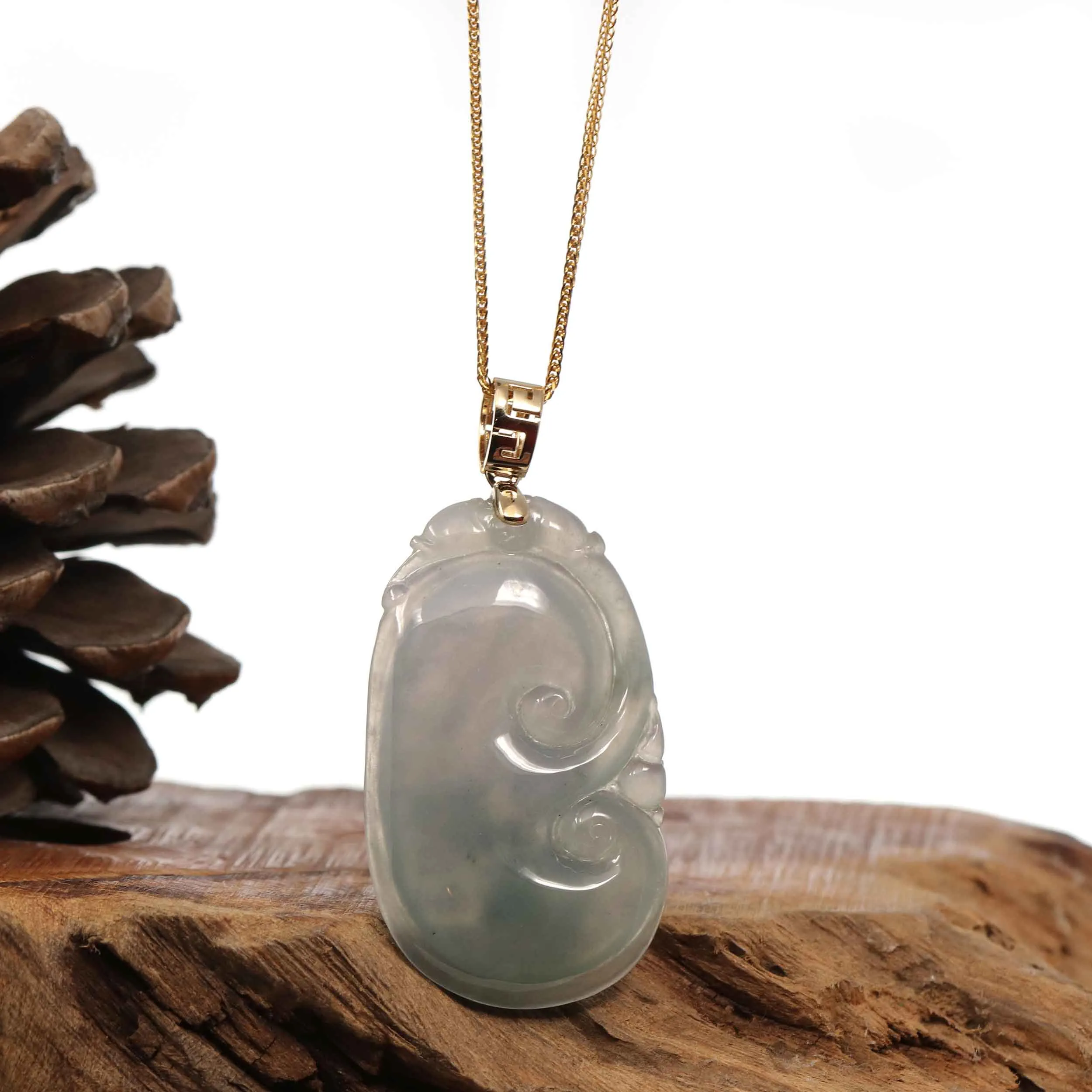 14k Yellow Gold Genuine Burmese Jadeite Jade Ruyi ( As your wish ) Pendant Necklace