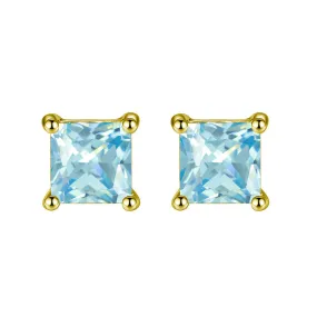 14k Yellow Gold Plated 3 Carat Princess Cut Created Blue Topaz Sapphire Stud Earrings