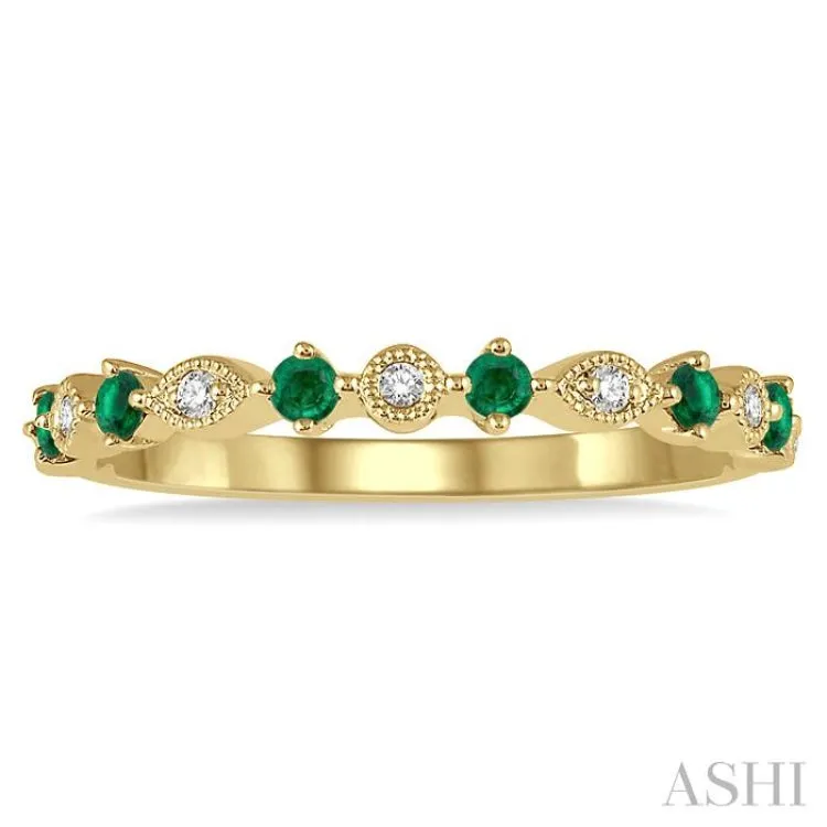 1.80 MM Round Cut Emerald and 1/20 Ctw Round Cut Diamond Half Eternity Wedding Band in 14K Yellow Gold