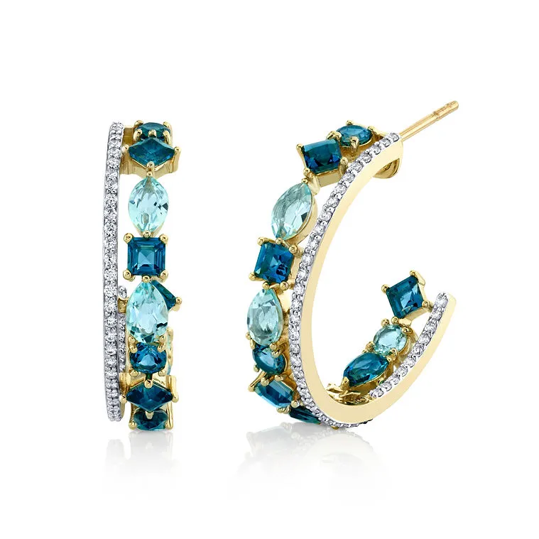 18K Gold Inside Out Double Row Hoop Earrings with Diamonds and Topaz