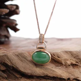 18K Rose Gold Oval Imperial Jadeite Jade Cabochon Necklace with Diamonds