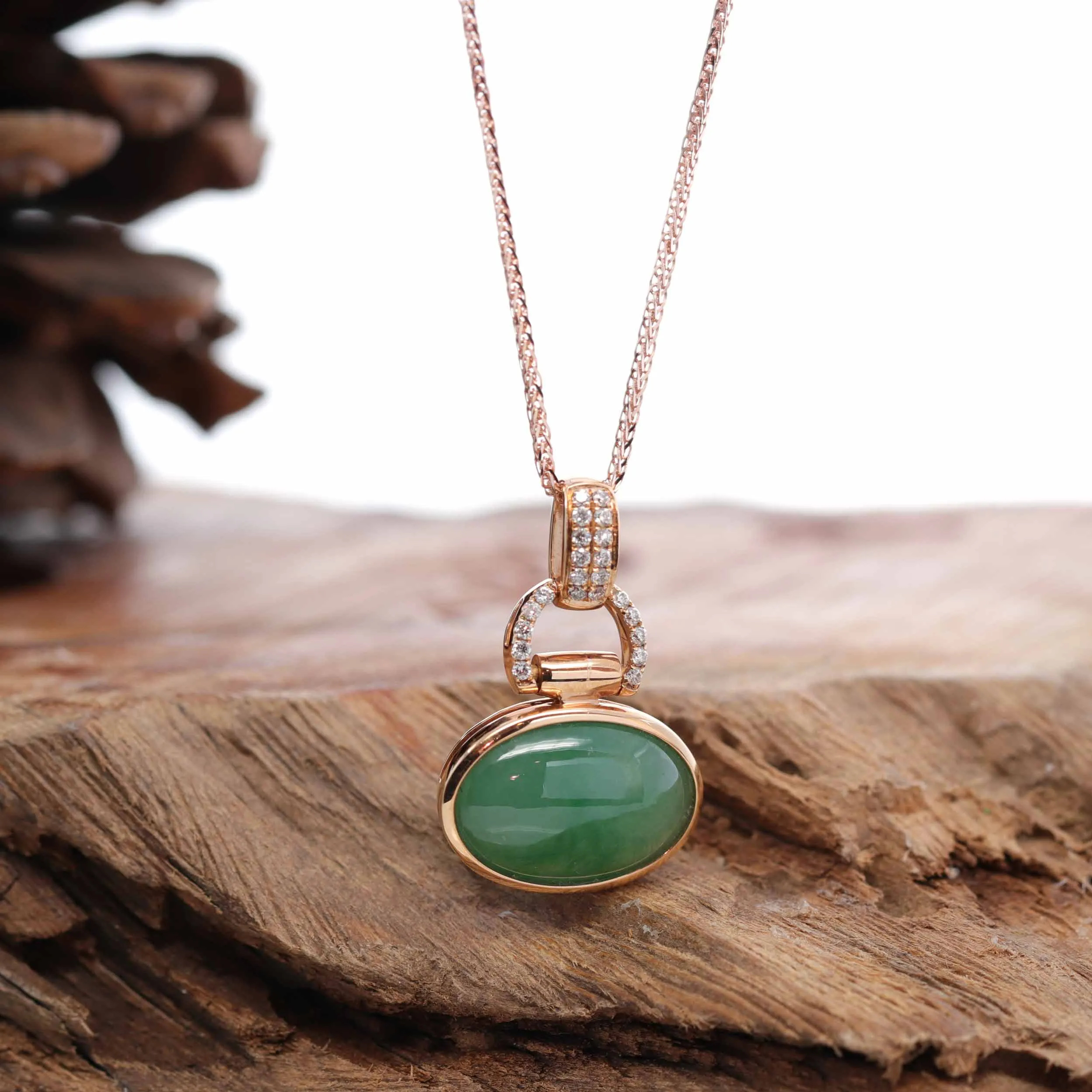 18K Rose Gold Oval Imperial Jadeite Jade Cabochon Necklace with Diamonds