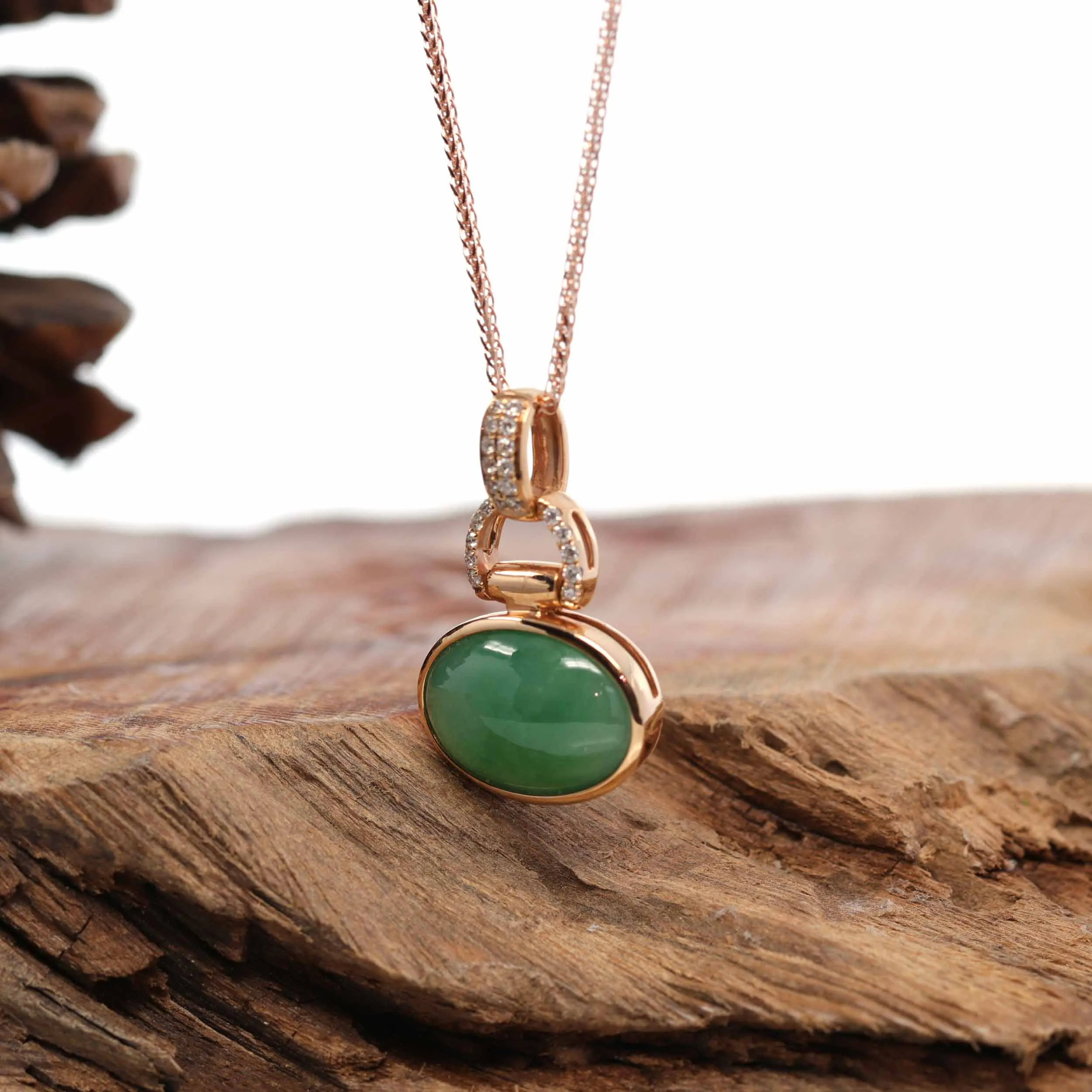 18K Rose Gold Oval Imperial Jadeite Jade Cabochon Necklace with Diamonds