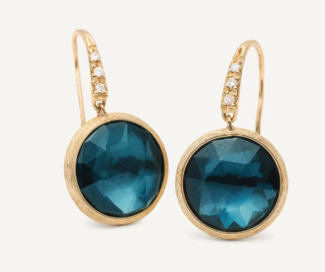 18K Yellow Gold London Blue Topaz Drop Earrings with Diamonds