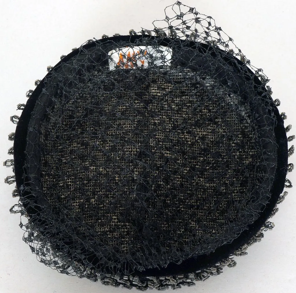 1950s Veiled Pillbox Hat by Amy of New York - Black Velvet with Clear Beads