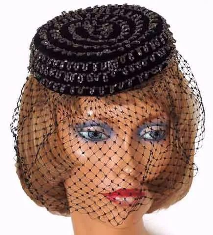 1950s Veiled Pillbox Hat by Amy of New York - Black Velvet with Clear Beads