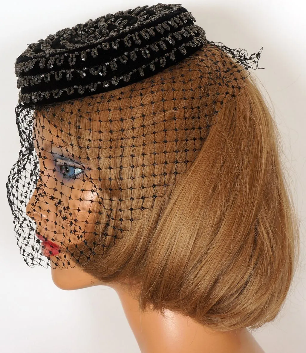 1950s Veiled Pillbox Hat by Amy of New York - Black Velvet with Clear Beads